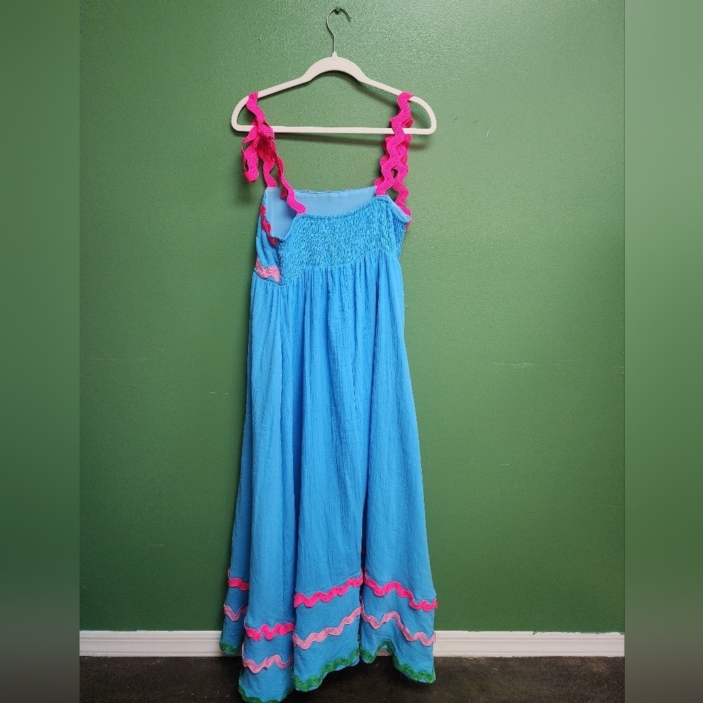 NWT Davi & Dani Blue Ric Rac Maxi Dress Size Medium Pink Trim - Picture 4 of 5